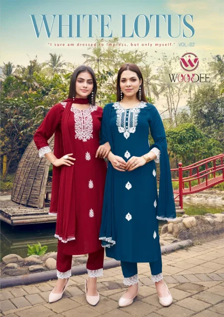 White Lotus Vol 2 By Woodee Rayon Kurti With Bottom Dupatta Wholesalers In Surat

